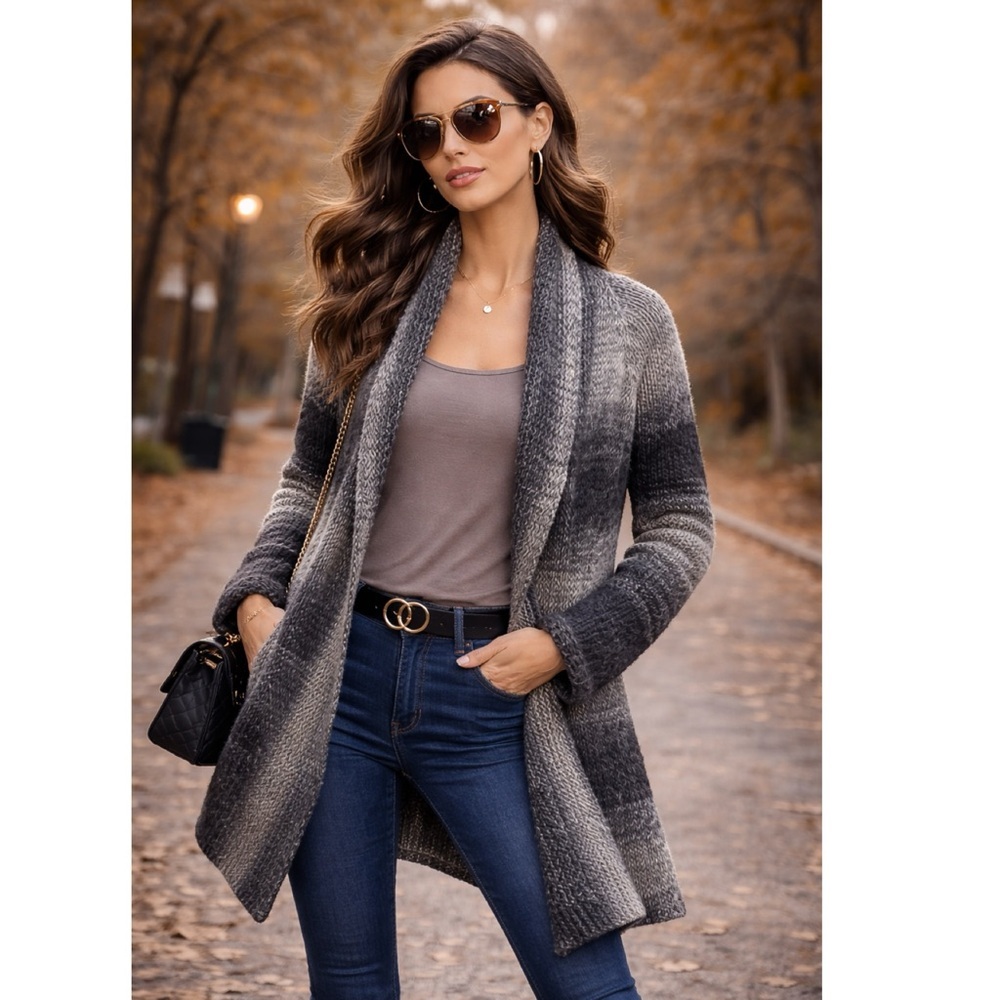 Chunky Knit Open Front Cardigan Grey Ombré Sz L/XL Oversized Cozy Baggy Soft